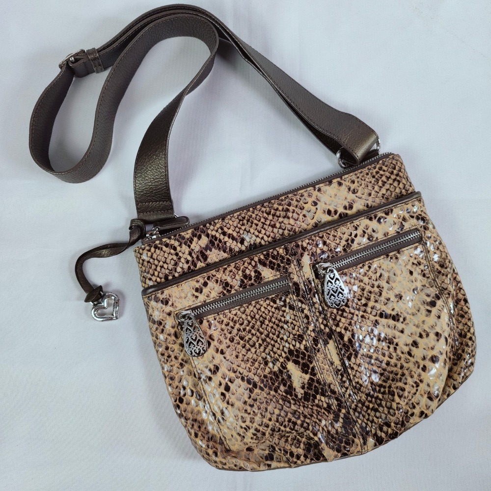 Brighton Zoe Python Snake Look Leather Crossbody Bag Silver Heart Charm Western